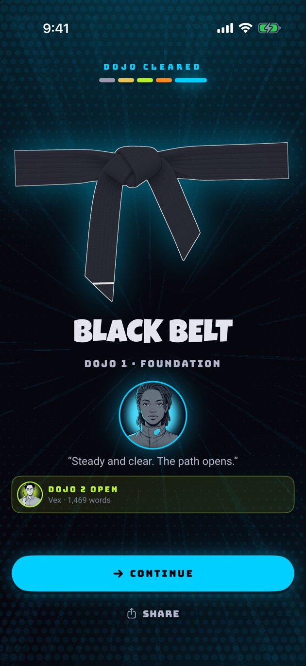 A belt ceremony: a black belt awarded for clearing Dojo 1, Foundation