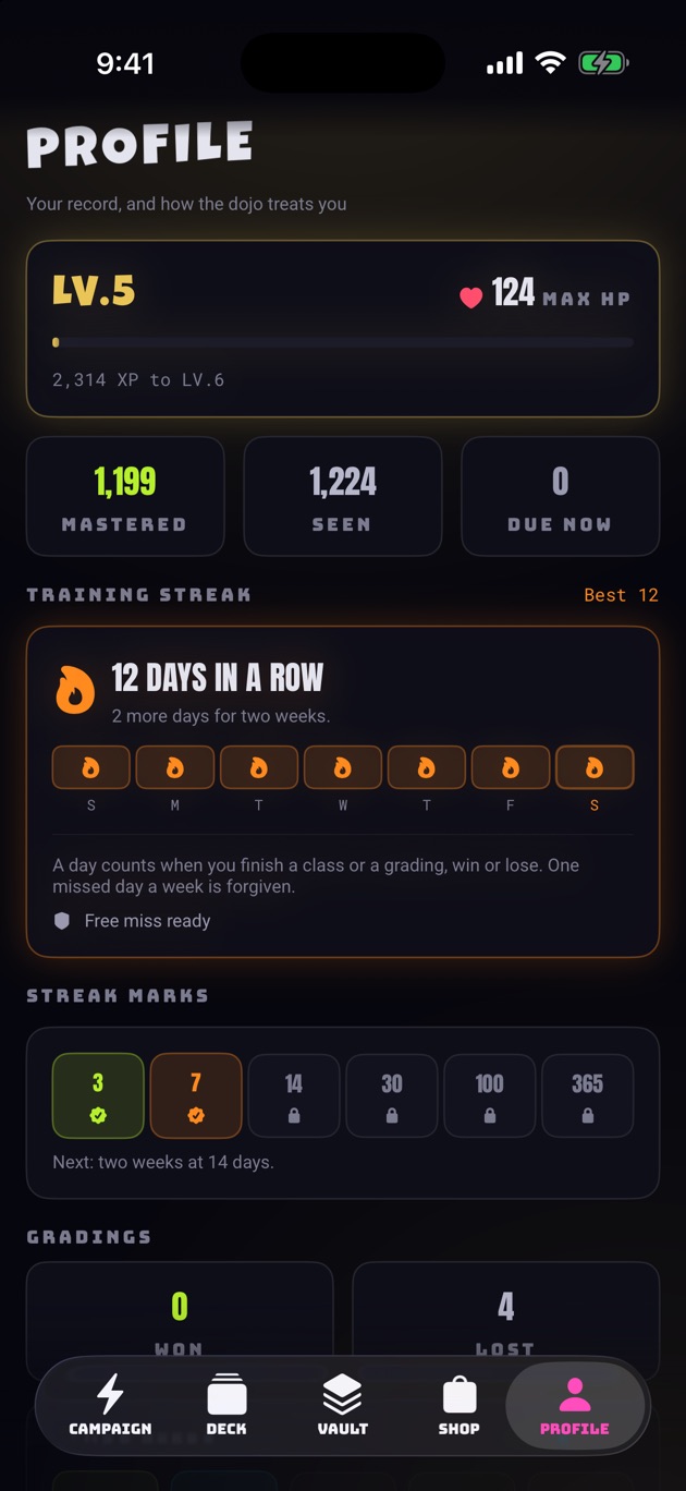 The profile screen: level, mastered words, and a twelve day training streak