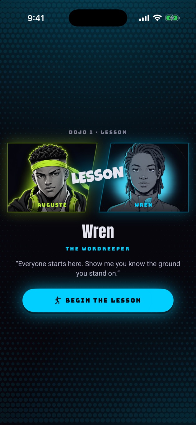 The lesson screen: the player's fighter faces Wren the Wordkeeper across a LESSON card