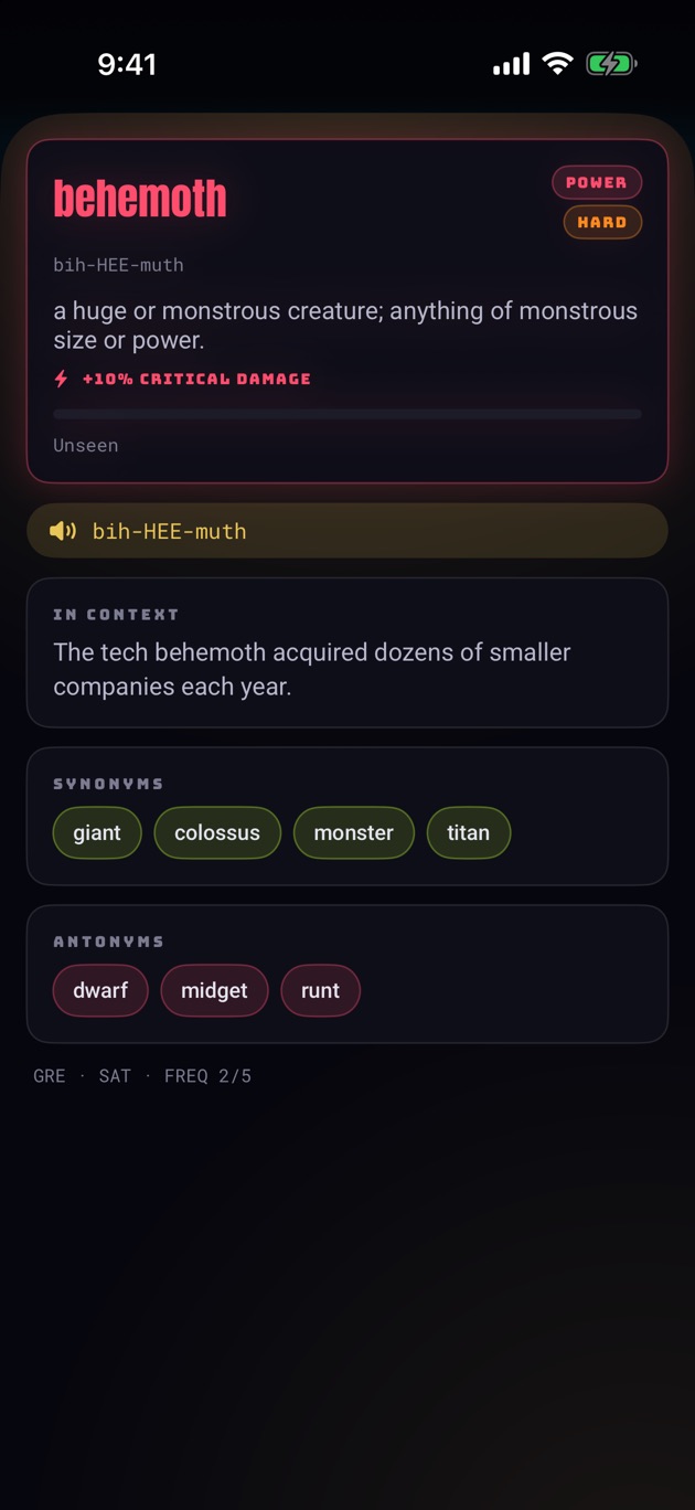 A word card for behemoth, with pronunciation, an example sentence and synonyms